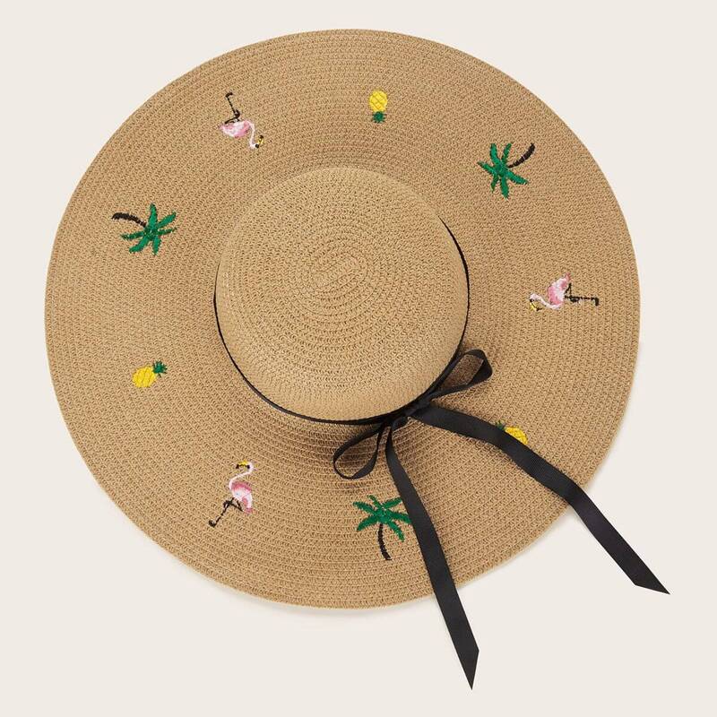 

Flamingos Embroidery Bow Knot Decor Floppy Hat, Yellow