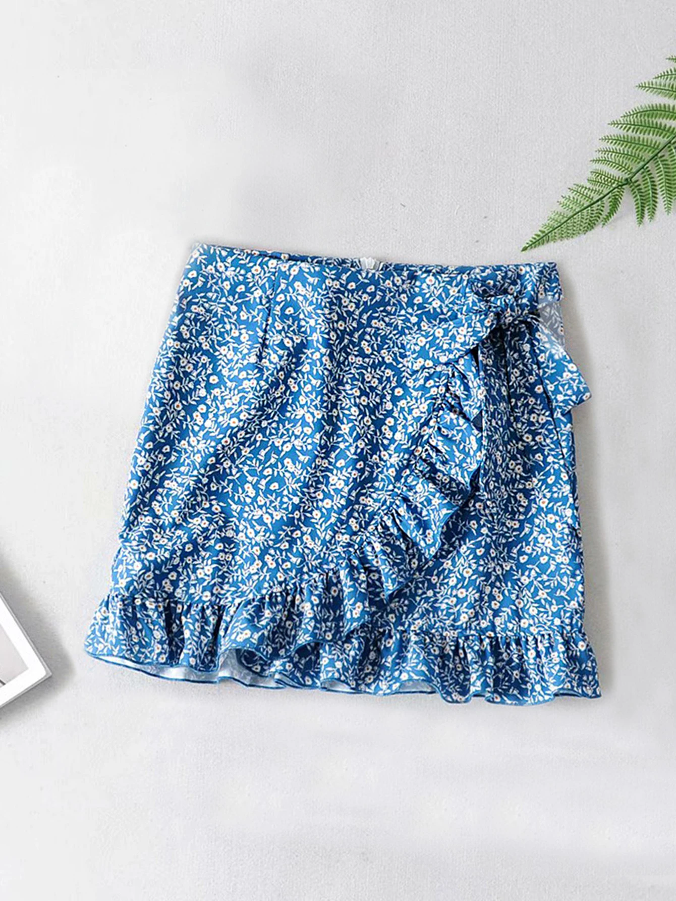 Ditsy Floral Ruffle Hem Knot Wrap Skirt 