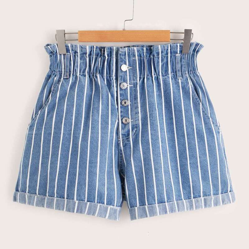 

Plus Striped Button Fly Paperbag Waist Denim Shorts, Blue
