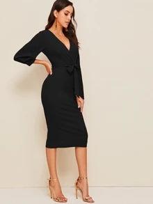 Mulvari Plunging Self Belt Wrap Pencil Dress - Black - View 3