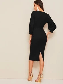 Mulvari Plunging Self Belt Wrap Pencil Dress - Black - View 2