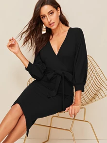 Mulvari Plunging Self Belt Wrap Pencil Dress - Black - View 4