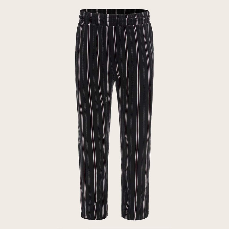 

Guys Drawstring Elastic Waist Striped Pants, Black