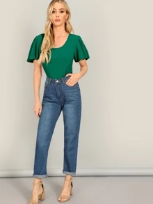 SHEIN Privé Flutter Sleeve Textured Fitted Top - Green - View 3