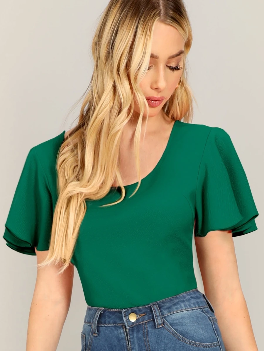 SHEIN Privé Flutter Sleeve Textured Fitted Top - Green - View 1