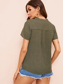 SHEIN V-cut Neck Solid Top - Army Green - View 2