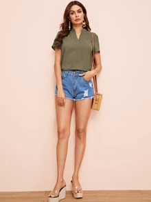 SHEIN V-cut Neck Solid Top - Army Green - View 3