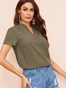 SHEIN V-cut Neck Solid Top - Army Green - View 5