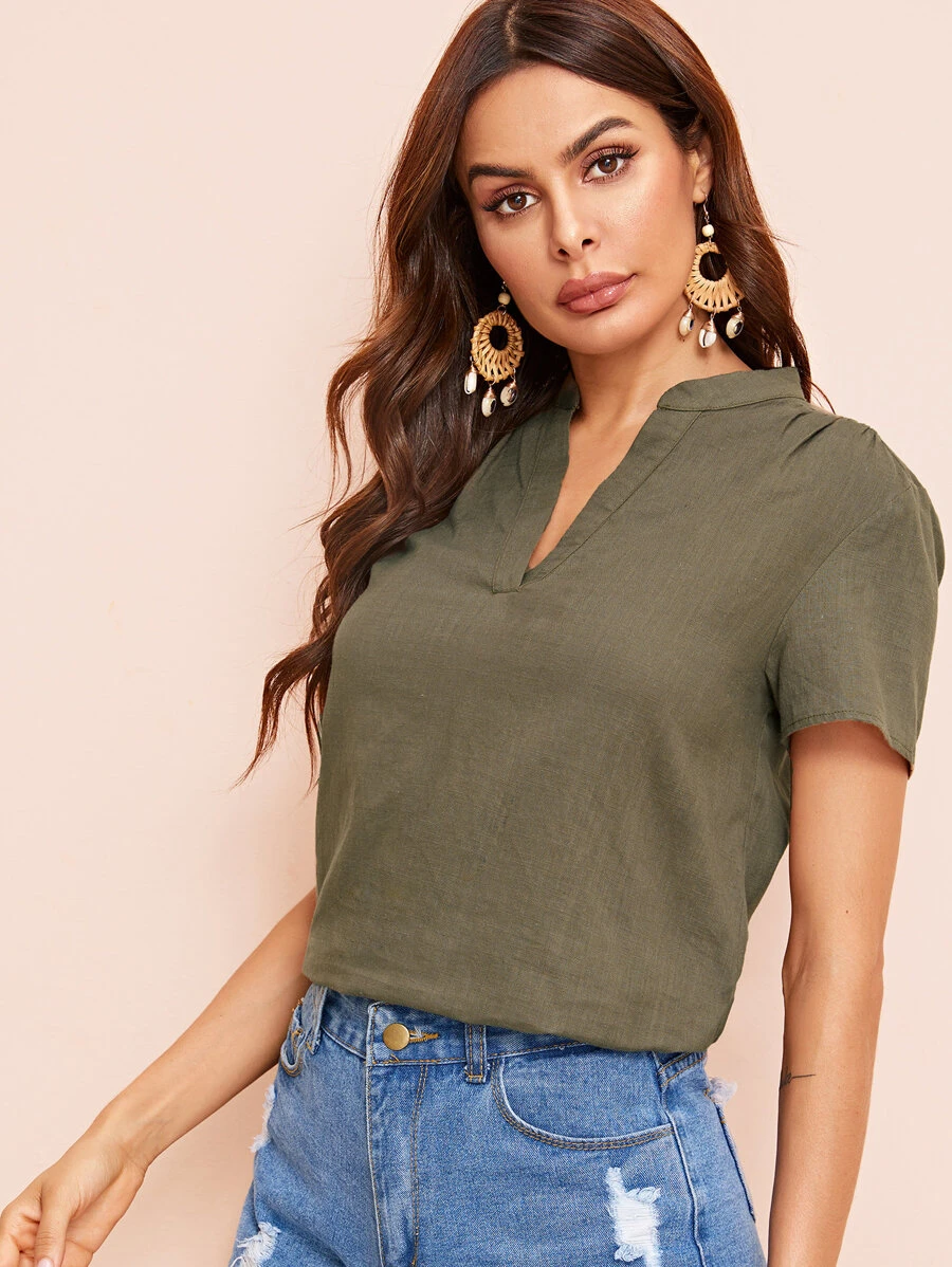 SHEIN V-cut Neck Solid Top - Army Green - View 1
