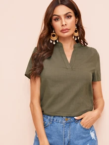 SHEIN V-cut Neck Solid Top - Army Green - View 4