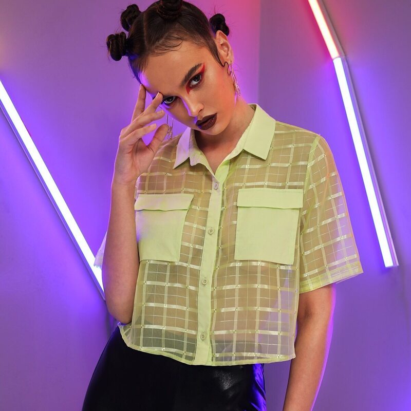 

Flap Pocket Front Plaid Organza Shirt, Green pastel