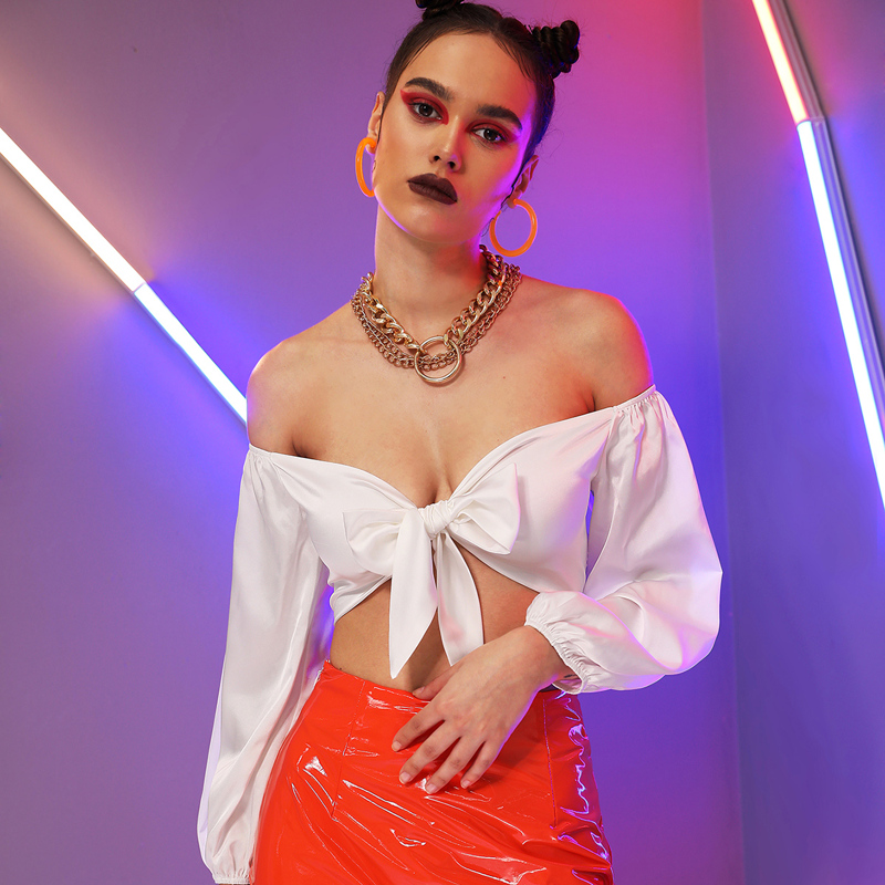 

Off Shoulder Bow Tie Front Satin Top, White
