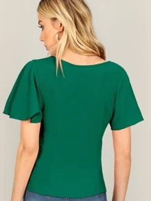 SHEIN Privé Flutter Sleeve Textured Fitted Top - Green - View 2