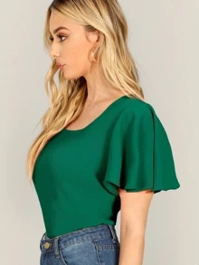 SHEIN Privé Flutter Sleeve Textured Fitted Top - Green - View 4