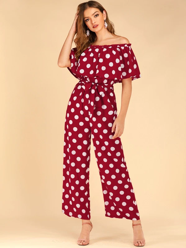 off the shoulder polka dot jumpsuit