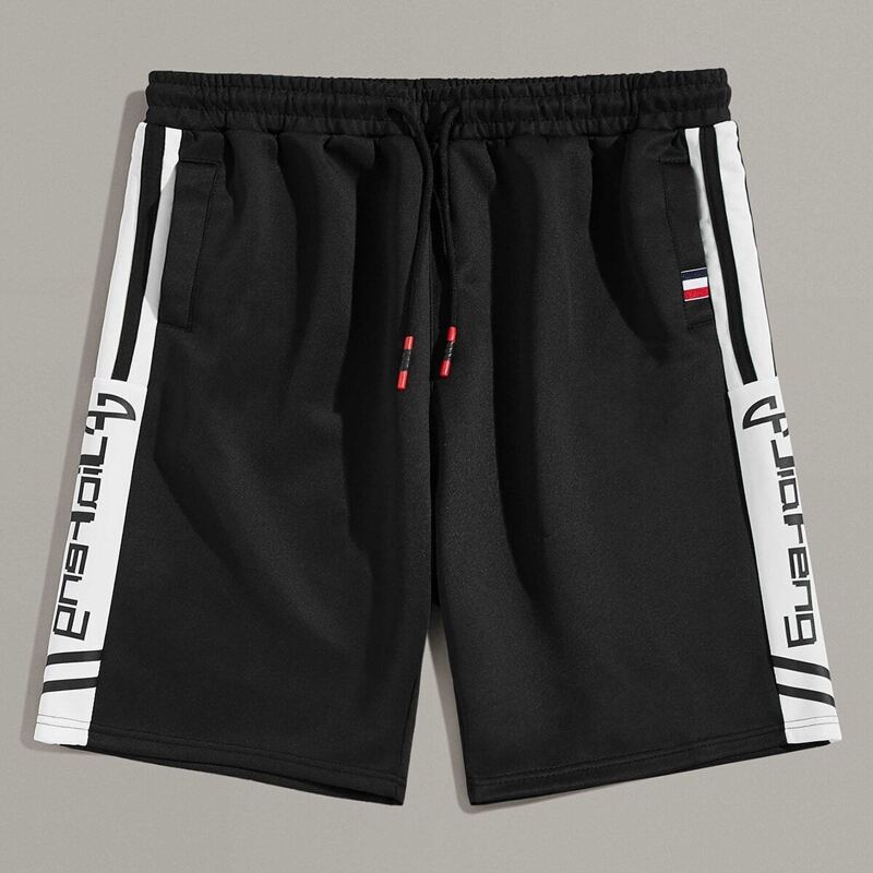 

Guys Letter Print Pocket Drawstring Waist Shorts, Black