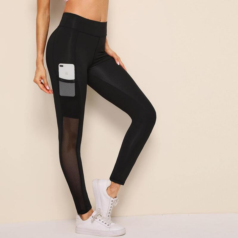 

Contrast Mesh Pocket Side Leggings, Black