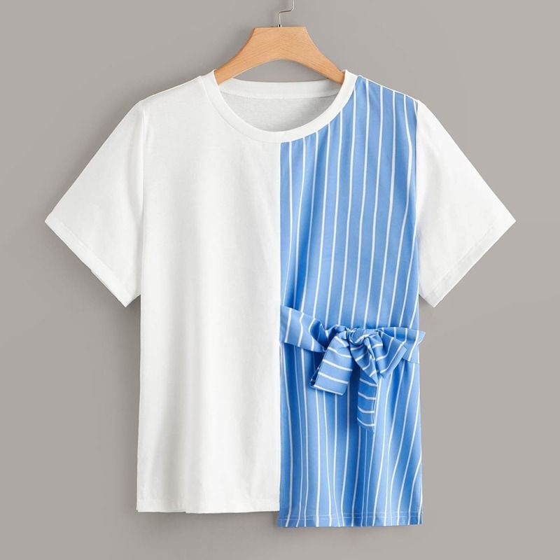 

Plus Tie Front Contrast Stripe Tee, Multicolor