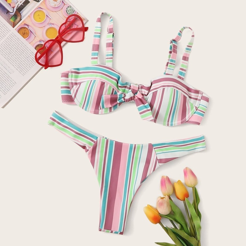 

Striped Knot Top With High Leg Bikini Set, Multicolor