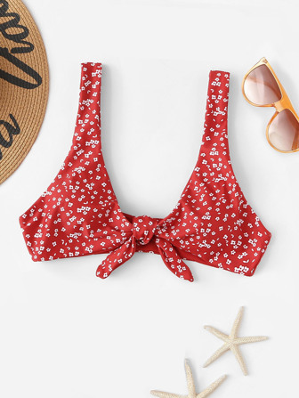 بيكيني مطبوع بطباعة زهور مبعثرة بتصميم متعرج، لارتداء في الصيف والإجازات الشاطئية