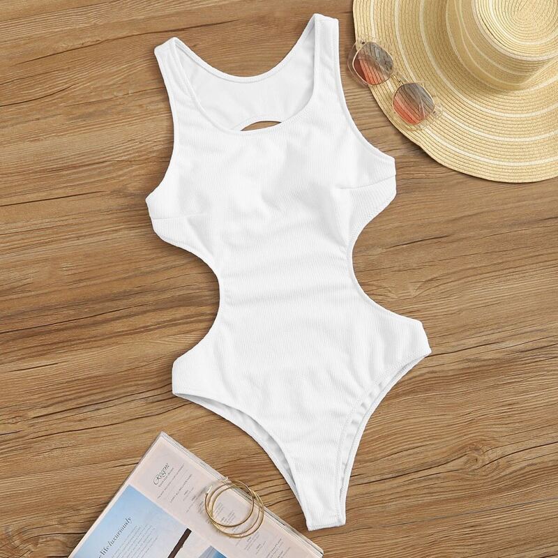 

Cut-out Ribbed One Piece Swimwear, White
