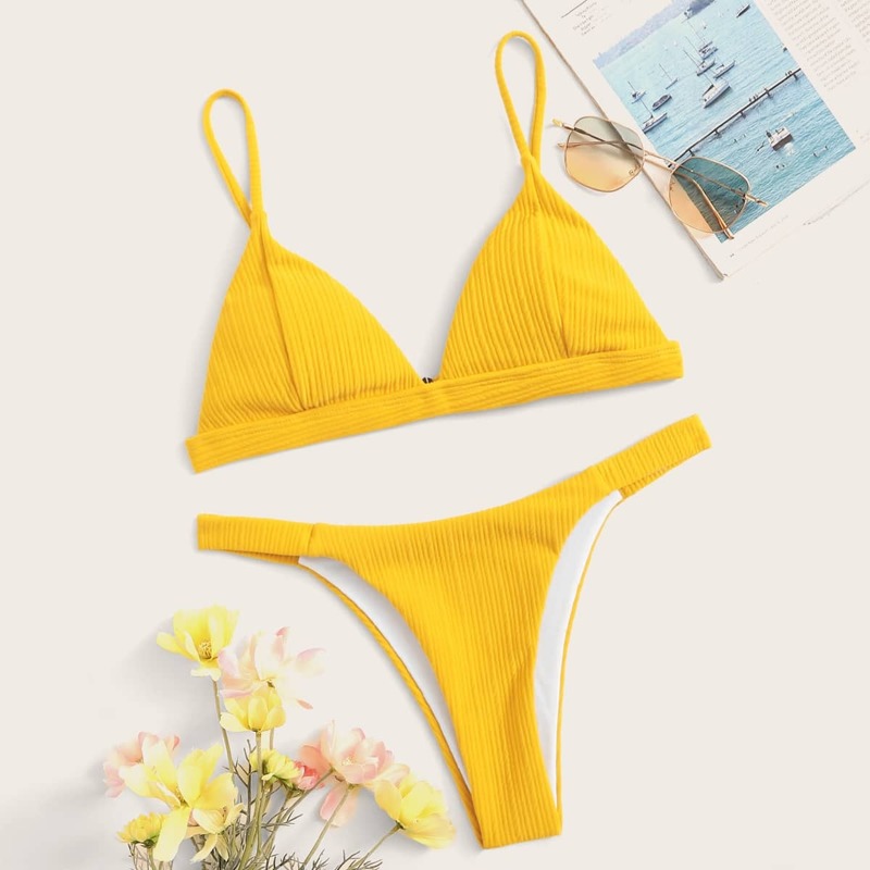 

Seam Detail Triangle Top With Tanga Bikini Set, Yellow bright