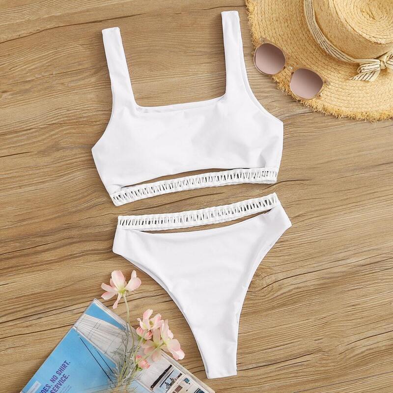 

Cut-out Top With High Waist Bikini Set, White