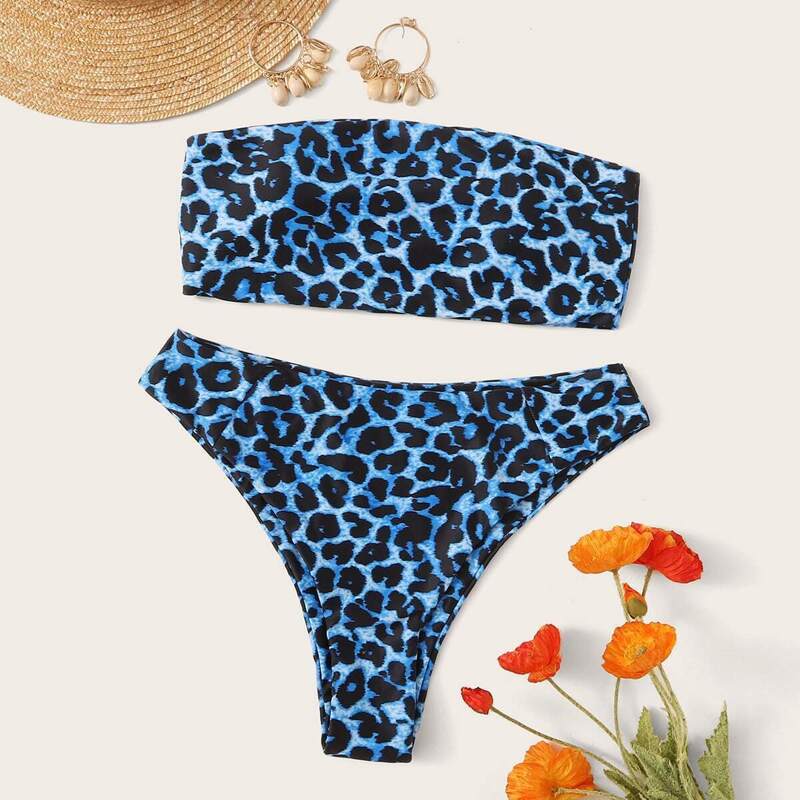 

Leopard Print Bandeau With High Leg Bikini Set, Blue