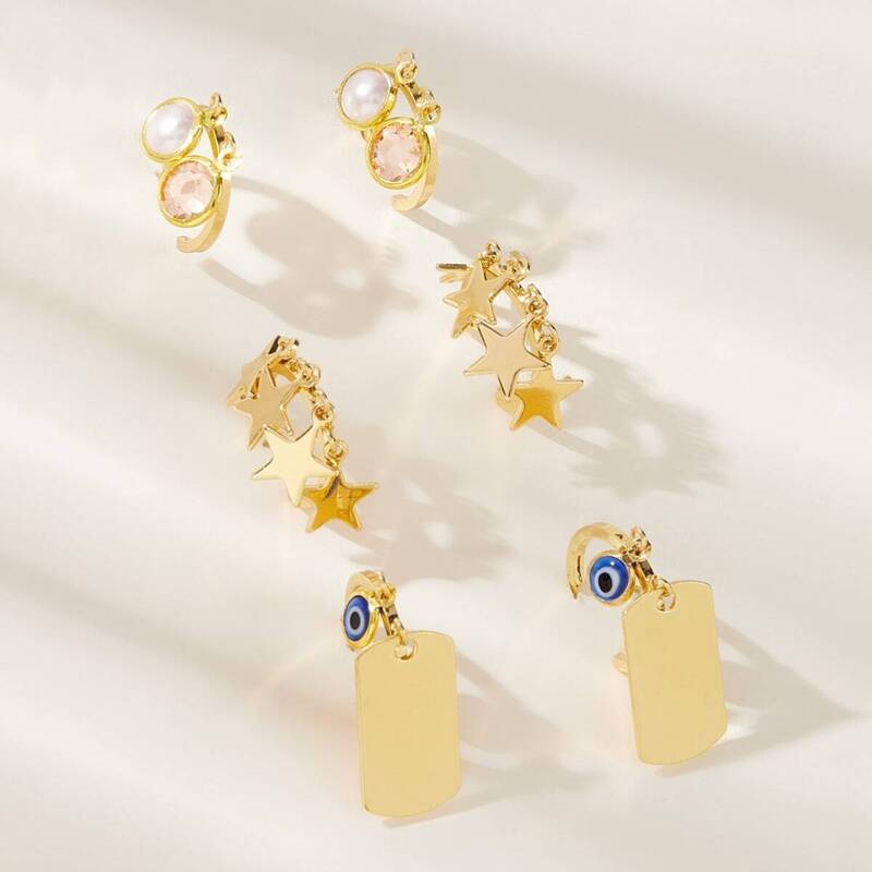 

Eye & Star Charm Drop Earrings 3pairs, Gold