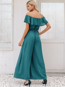 Simplee Mono de cintura con volante fruncido doblado de hombros descubiertos - Agua verde azul - Ver 2