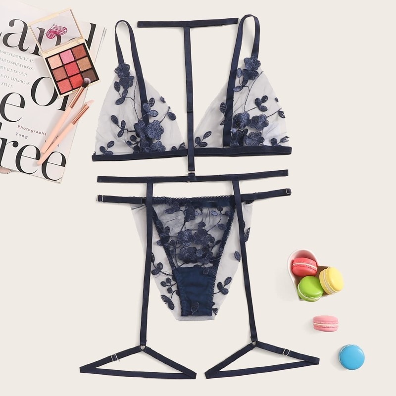 

Floral Embroidered Garter Lingerie Set With Choker, Navy