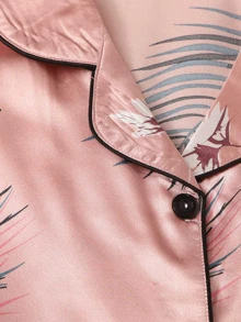 LuxeNights 7件套仙鹤热带印花缎面睡衣套装，秋冬舒适优雅细节