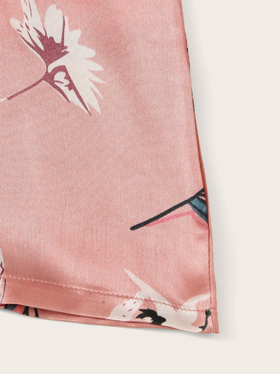 7pcs Crane & Tropical Print Satin Pajama Set, Fall Winter Clothes Cozy And Elegant Details