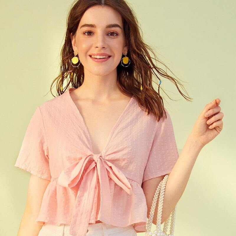 

Tie Front Plunging Neck Peplum Blouse, Pink