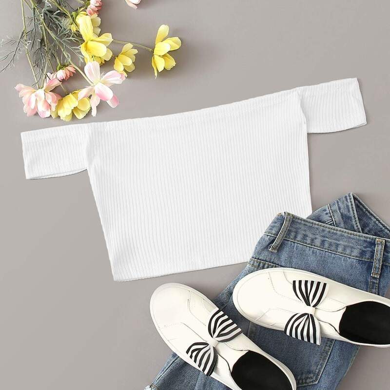 

Off The Shoulder Rib Knit Crop Tee, White