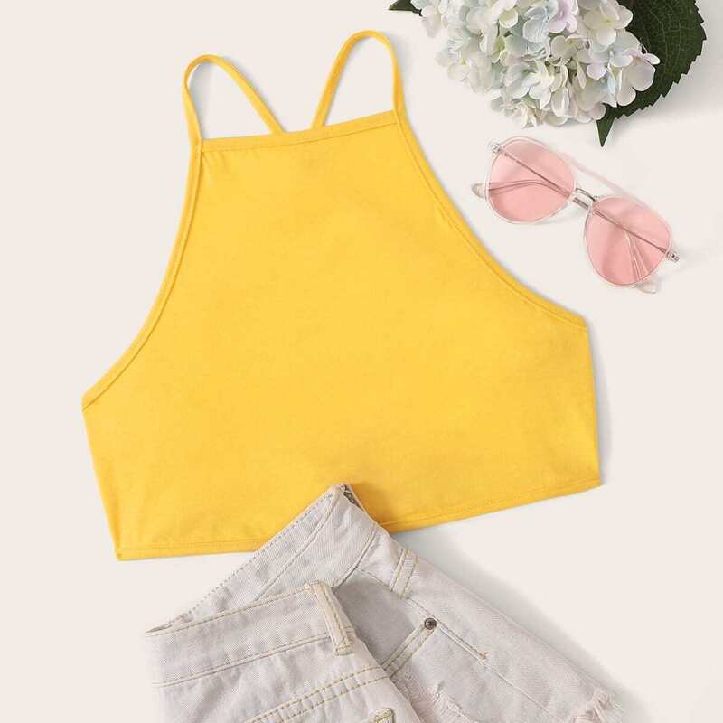 

Lace Up Backless Crop Cami Top, Yellow