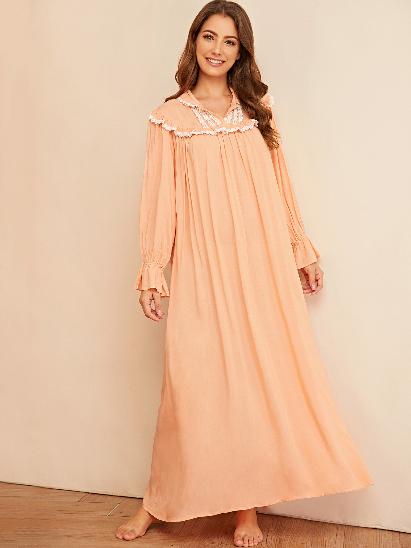 lace trim button half placket nightdress | shein uk