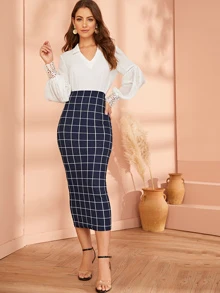 SHEIN Falda lápiz ajustada de cuadros de cintura alta - Azul Marino - Ver 3