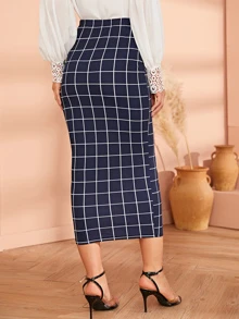 SHEIN Falda lápiz ajustada de cuadros de cintura alta - Azul Marino - Ver 2