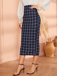 SHEIN Falda lápiz ajustada de cuadros de cintura alta - Azul Marino - Ver 4