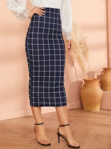 SHEIN Falda lápiz ajustada de cuadros de cintura alta - Azul Marino - Ver 5