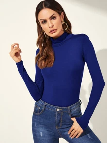 SHEIN Privé Camiseta sólida de cuello alto - Azul Marino - Ver 1