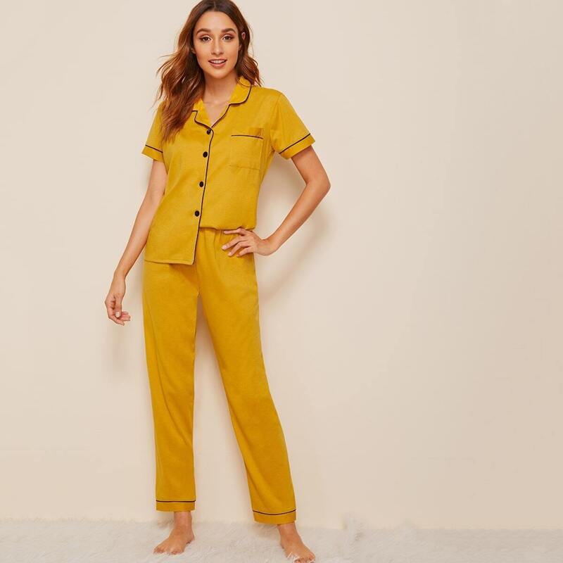 

Contrast Binding Button-up Pajama Set, Yellow