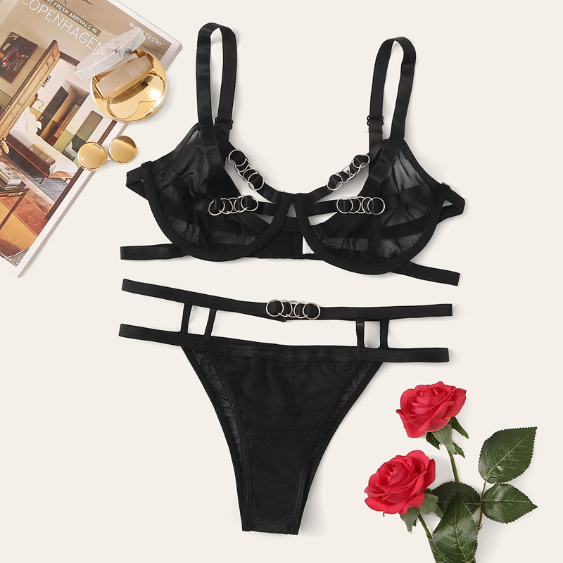 

Contrast Mesh Harness Underwire Lingerie Set, Black