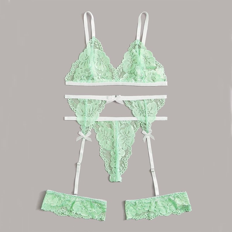 

Floral Lace Garter Lingerie Set, Green