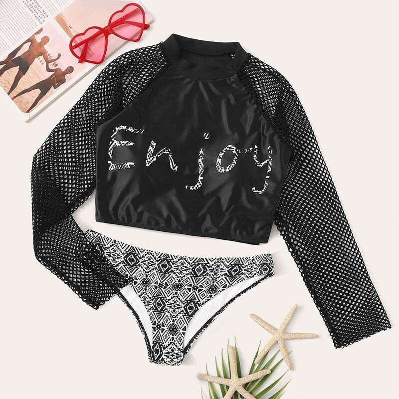 

Letter Print Long Sleeve Top With Tribal Tankini Set, Black and white