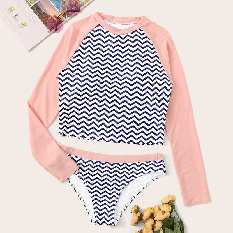 

Striped Long Sleeve Tankini Set, Multicolor
