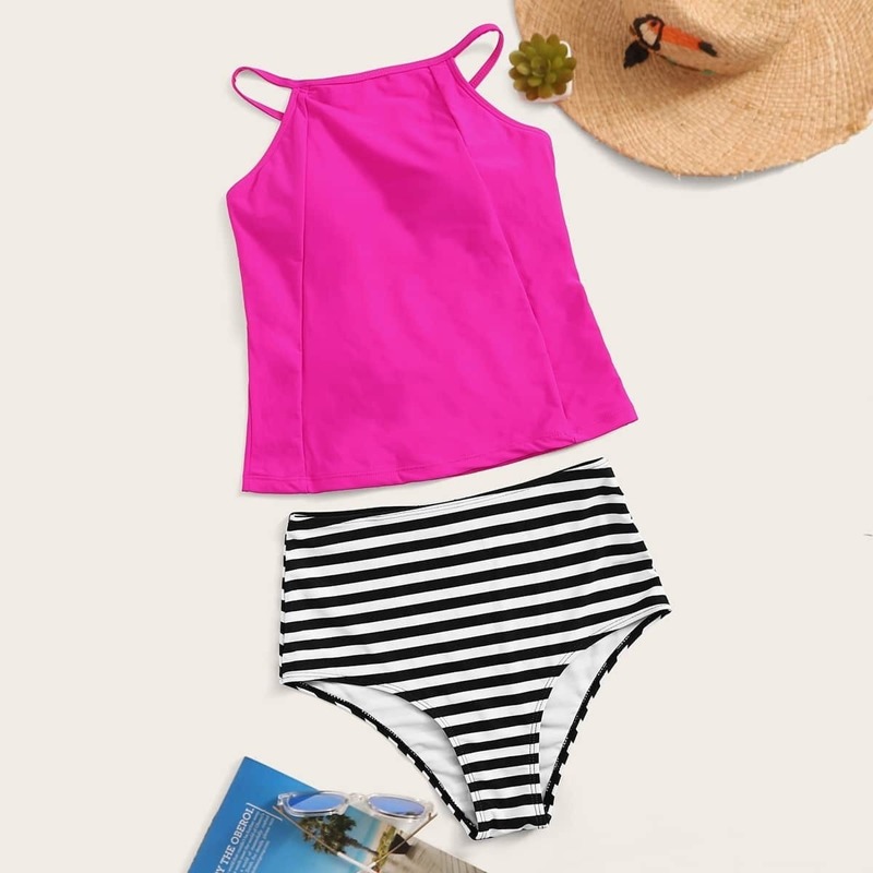 

Neon Pink Lace-up Top With Striped Tankini Set, Multicolor