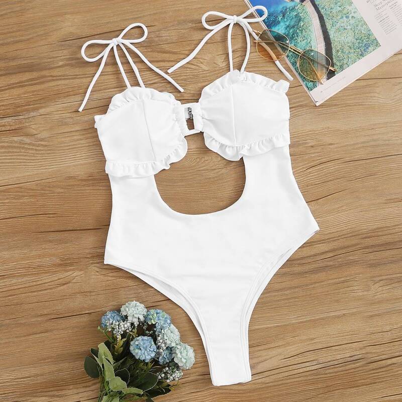 

Frill Trim Self Tie Cut-out One Piece Swimwear, White