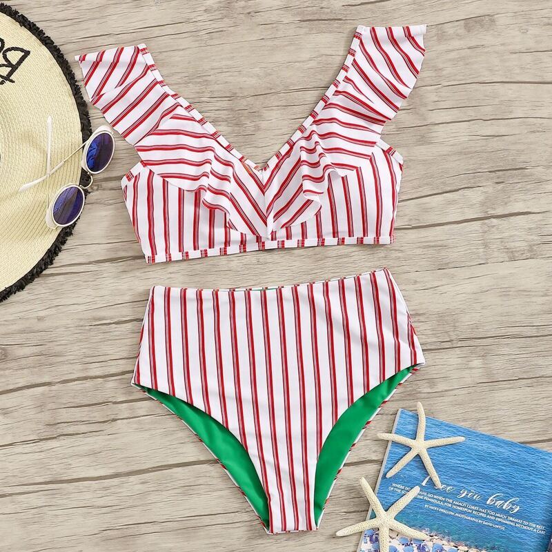 

Striped Ruffle Trim Top With High Waist Bikini Set, Multicolor